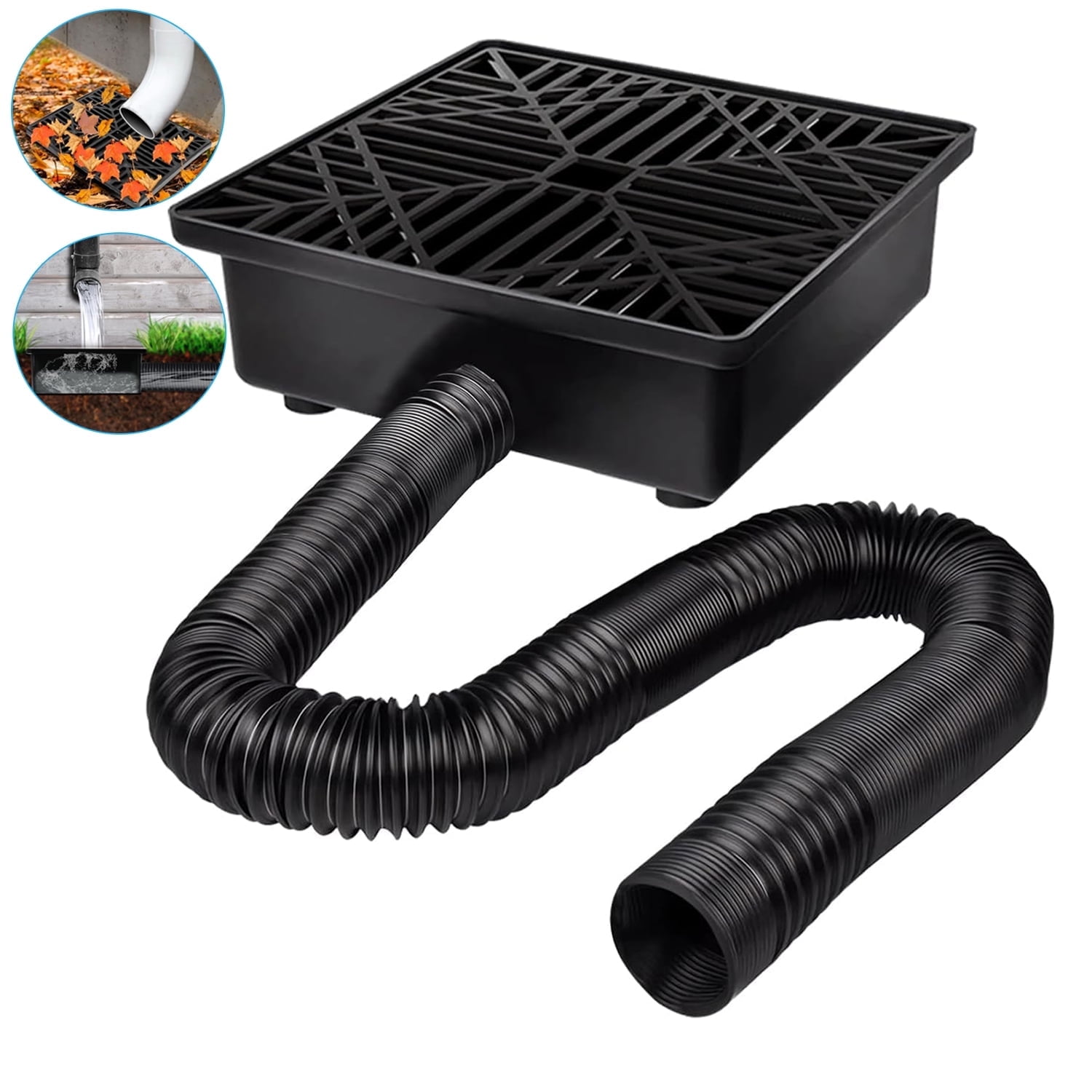 Wiher Catch Basin Downspout Extensions, Upgraded 9x9 inch No Dig French Drain Downspout Diverter, Flexible Gutter with Leak-Proof Splash Block Kit, Extendable from 16" to 60" Black