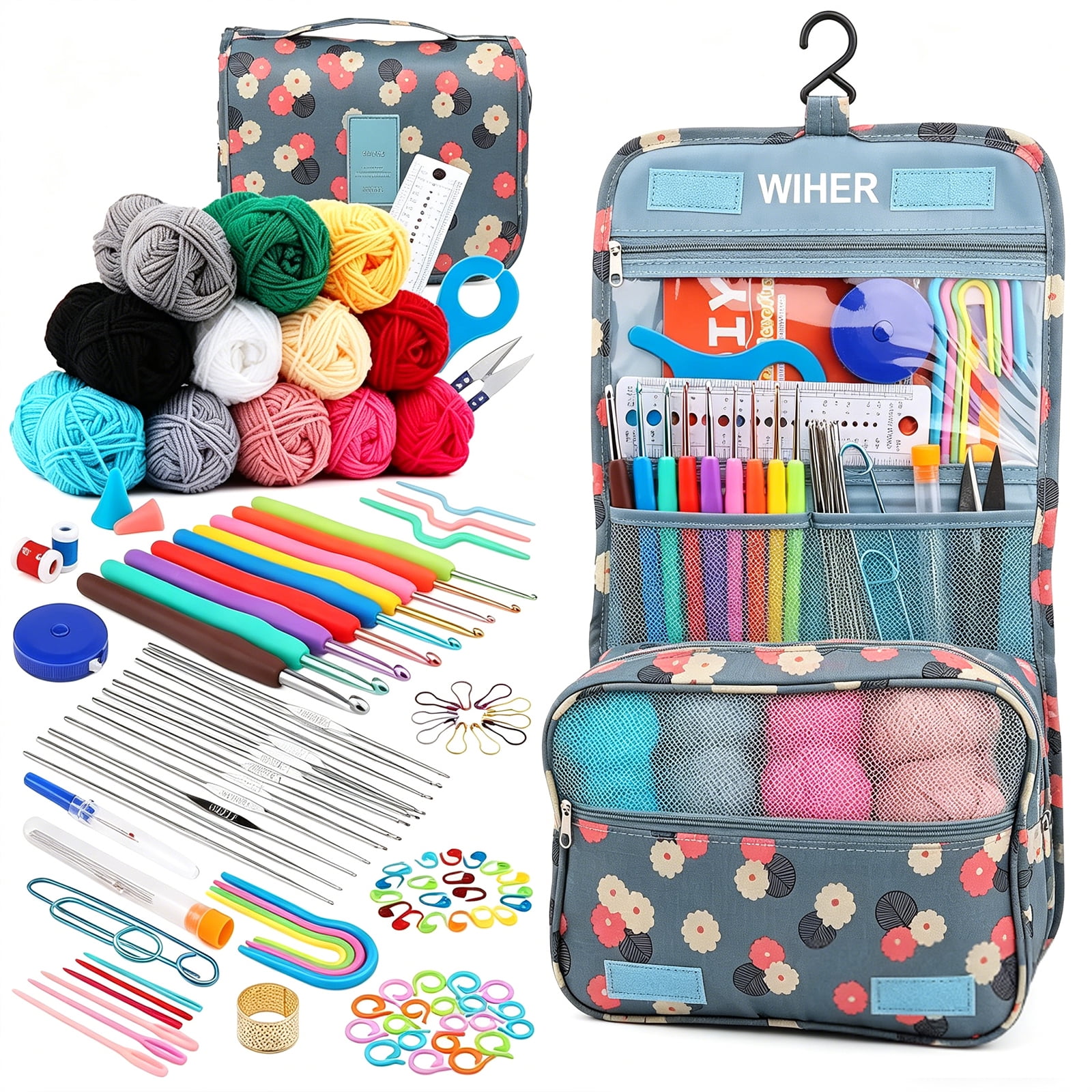 130Piece Set with Yarn,Complete Crochet Kit for Beginners,Ergonomic Hooks,and Accessories,Includes Hangable Storage Bag