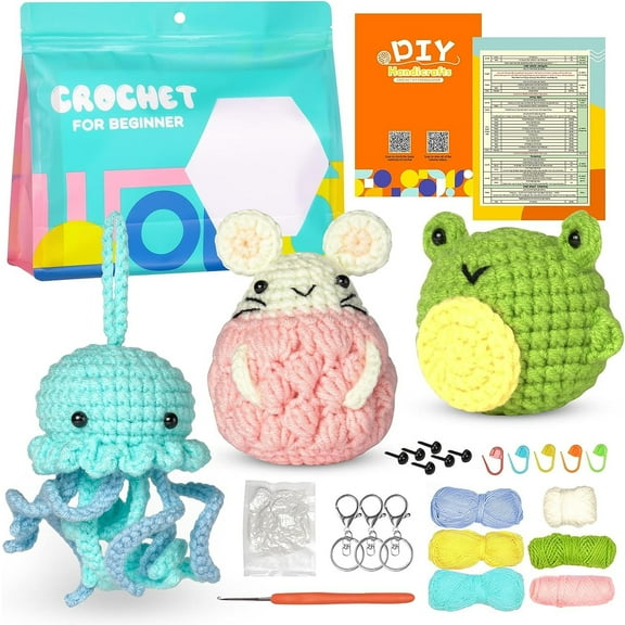 Wiher Crochet Kit for Beginners, Crochet Starter Kit for Adults and Kids Complete Knitting Kit to Make 3 PCS Animals, Learn to Crochet with Step-by-Step Instruction and Video