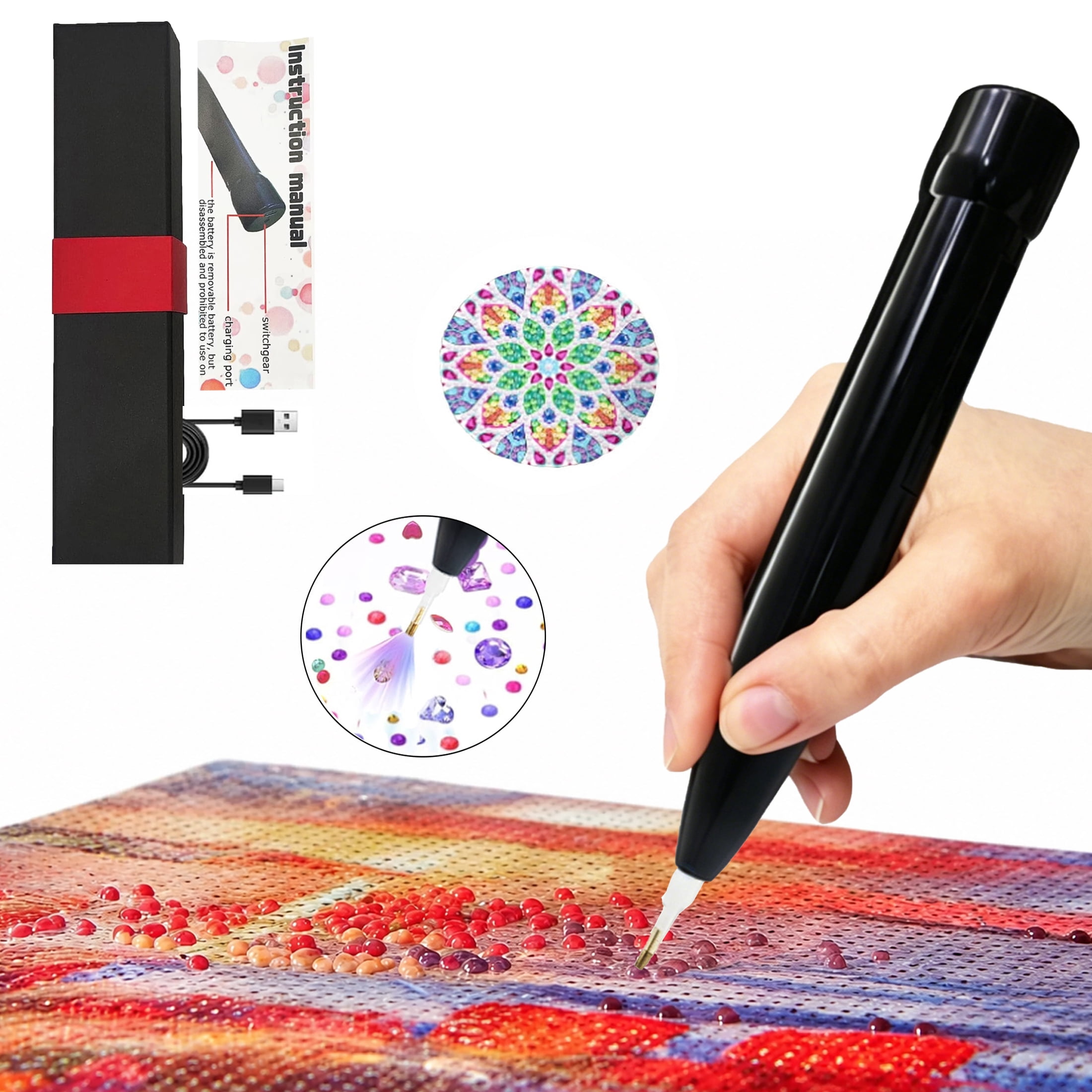 Wiher Diamond Art Pen, Electric Vacuum Diamond Tool with Light 2 Adjustable Suction Mode, No Wax Needed Cordless Quiet Lightweight Design for Kids Adults Gift for Diamond Art Fan, Black