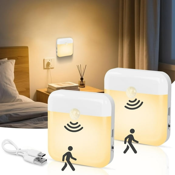 Wiher Magnetic Motion Sensor Night Light, Dual-color Cold and Warm Light Switching Night Light with USB Cable LED Rechargeable Battery for Indoor Use in Bathroom, Hallway, Toilet Bed, 2 Pcs