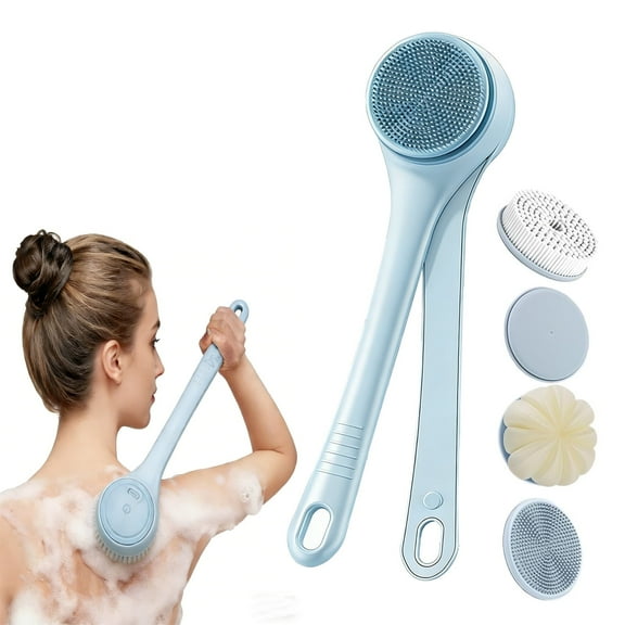 Wiher Electric Body Brush, Back Scrubber Brush with 4 Detachable Heads Storage Hooks, Two Cleaning Modes & Dual Handle Design, IPX7 Long Battery Life for Cleansing Exfoliating Massaging Skin, Blue