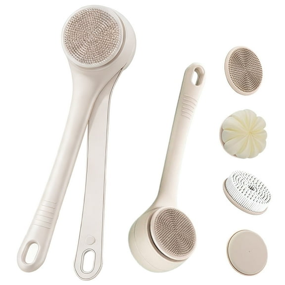 Wiher Electric Body Brush, Back Scrubber Brush with 4 Detachable Heads Storage Hooks, Two Cleaning Modes & Dual Handle Design, IPX7 Long Battery Life for Cleansing Exfoliating Massaging Skin, Beige