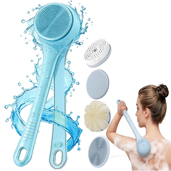 Wiher Electric Body Brush, Back Scrubber Brush with 4 Detachable Heads Storage Hooks, Two Cleaning Modes & Dual Handle Design, IPX7 Long Battery Life for Cleansing Exfoliating Massaging Skin, Blue