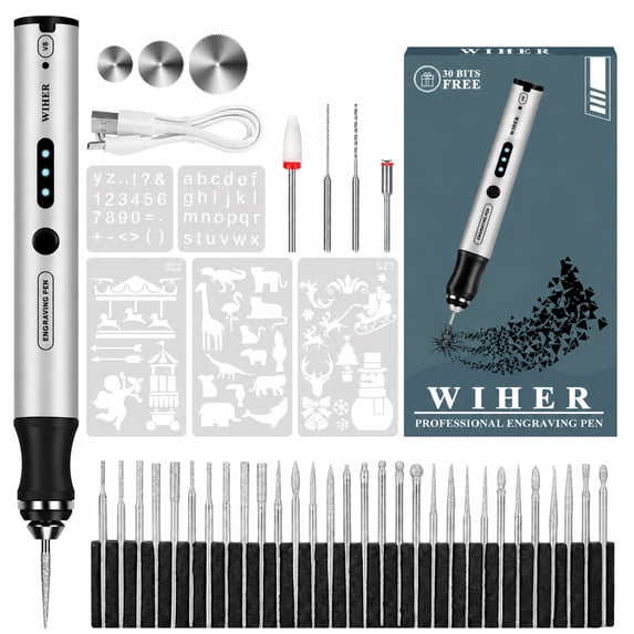 Wiher Electric Engraving Pen with 37 Bits, USB Rechargeable Cordless Etching Engraving Tool, Portable DIY Rotary Engraver for Jewelry Wood Glass Stone Carving(Gray)