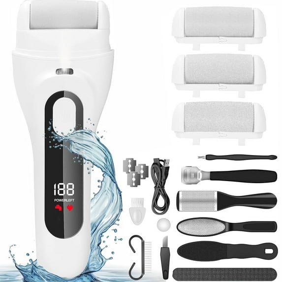 Wiher Electric Foot Callus Remover, LED Light & Display Electric Foot File, Waterproof Electric Foot Filer, 3 Replacement Rollers & USB-C Charging Foot Sanders for Feet White
