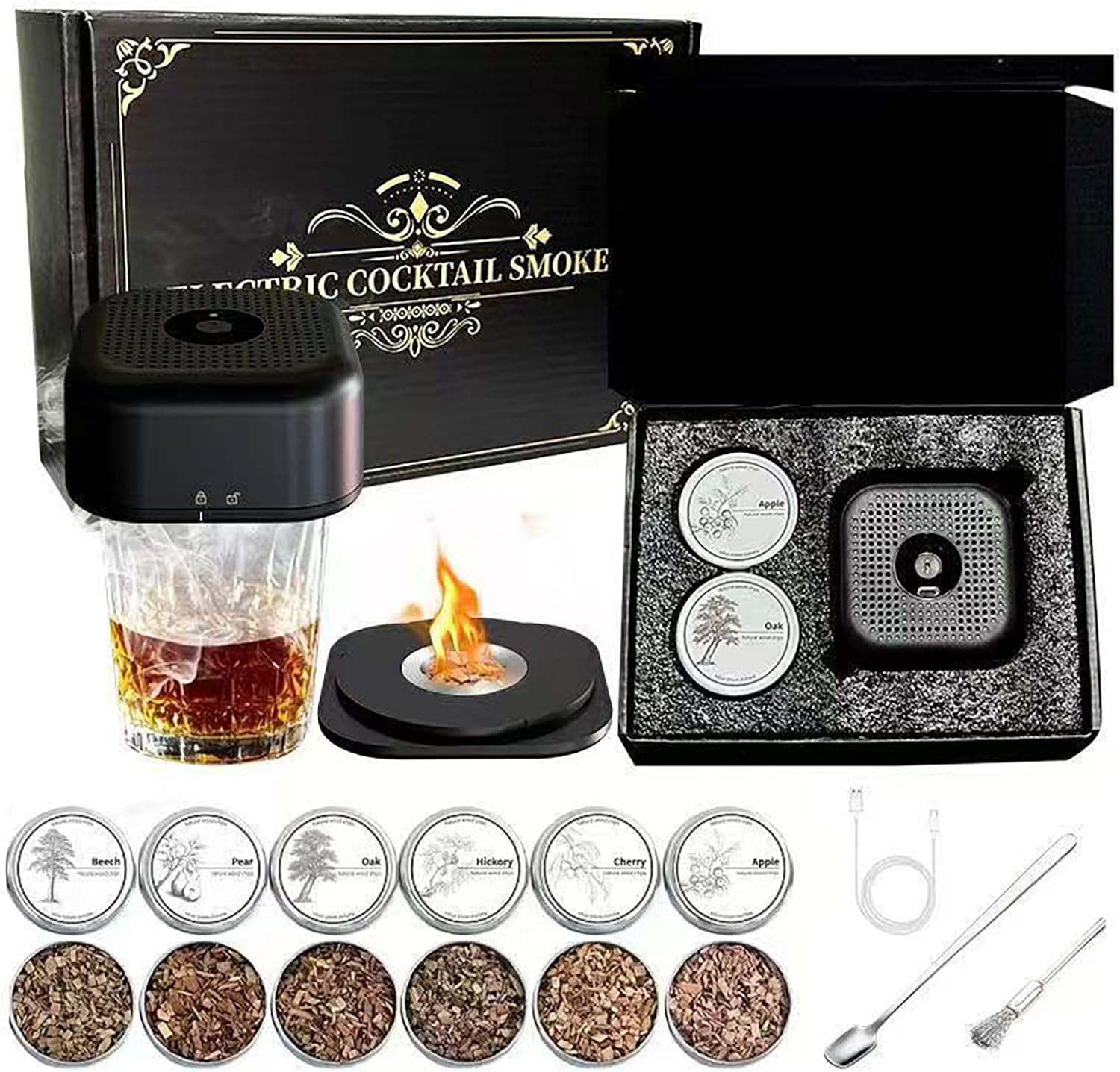 Electric Whiskey Smoker Kit With 6 Wood Chips – USB Rechargeable, Flameless Cocktail Smoker | Bourbon Gift For Men, Dad, Husband