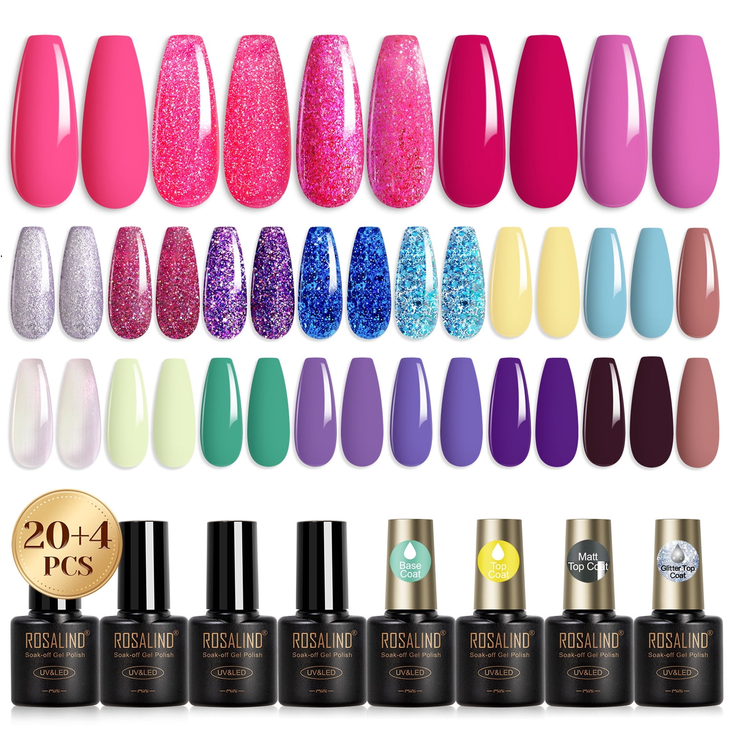 Wiher Glitter Gel Polish Set, 24 Pcs Glitter Hot Pink Glitter Blue Purple Gel Nail Polish with Base & Top Coat, Soak off Need U V/LED Macaron Rainbow Colors Nail Art Gift