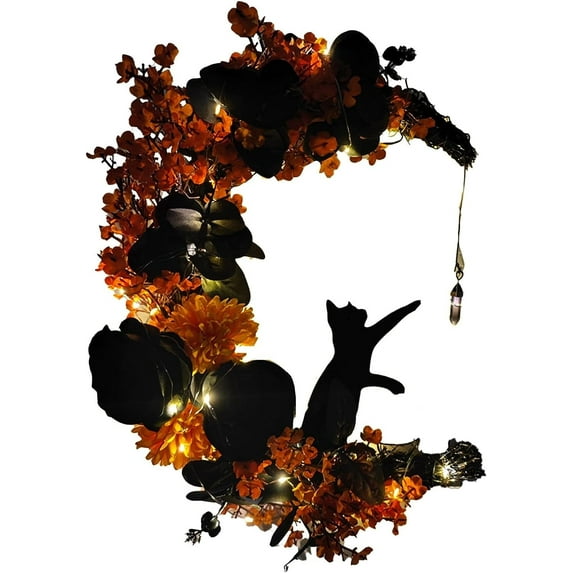 Wiher Halloween Wreaths with Lights for Front Door, 13.77" Halloween Moon Wreath with Black Cat Wood Wreath Halloween Wreath Horror Decorations for Home Party Window Wall Indoor Outdoor C