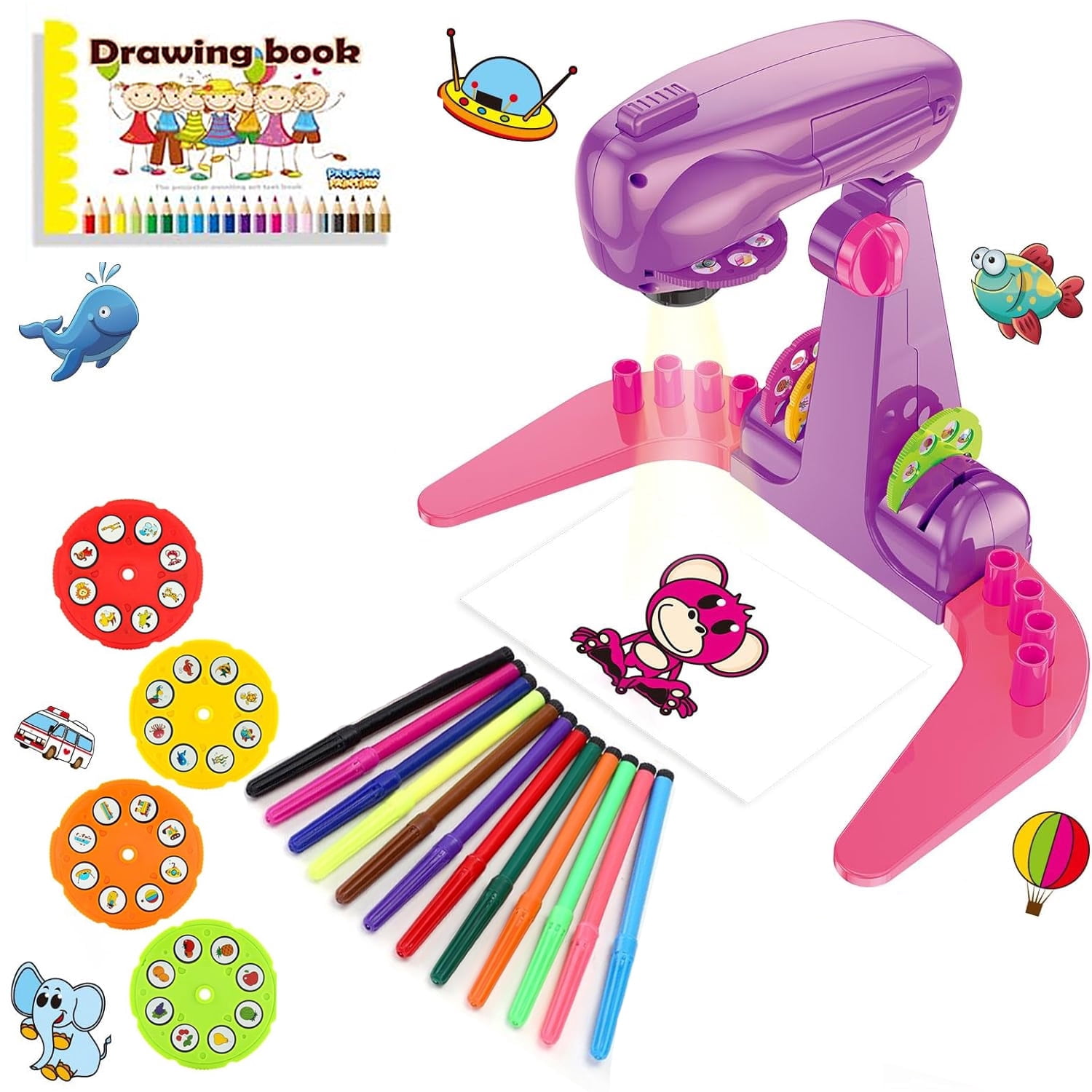 Wiher Kids Drawing Projector, Tracing and Drawing Projector Toys for Girls Aged 3+,Kids Smart Projector with 32cartoon patters and 12color Brushes for Children Learn to Draw and Sketch (Pink)