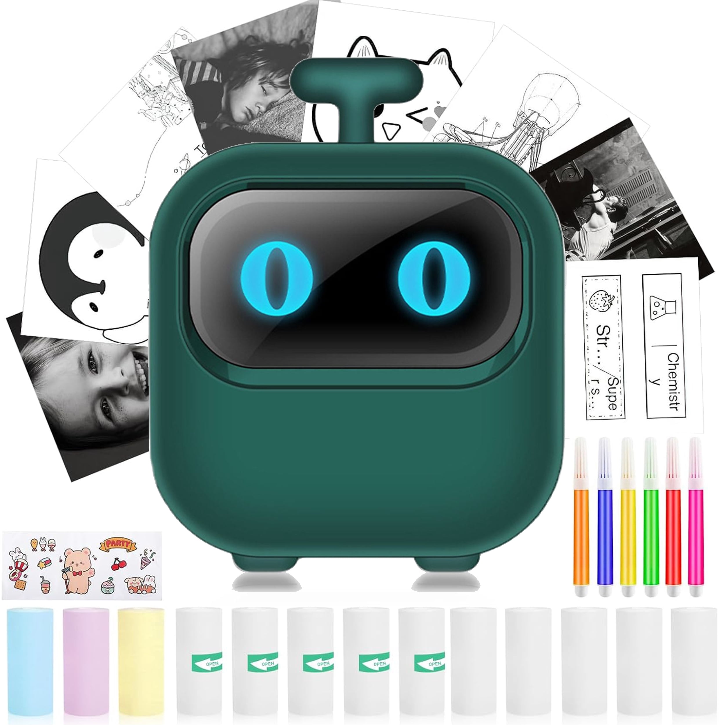 Wiher Mini Thermal Printer, Small Bluetooth Printer for IOS & Android Phone, Pocket Study Printer with AI Painting Function &13 Rolls Paper for Photo Journal Notes Memo(Green)