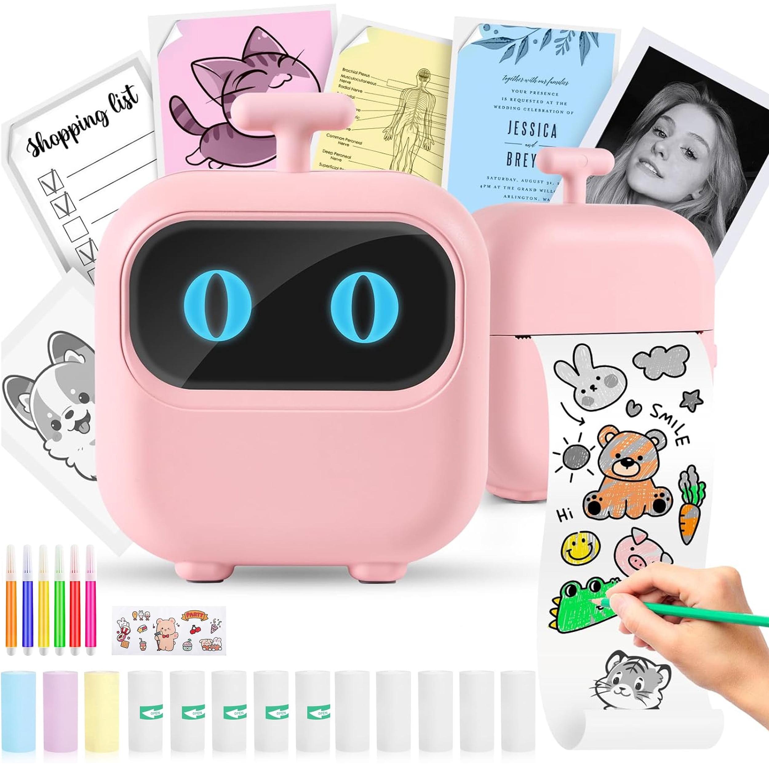 Wiher Mini Thermal Printer, Small Bluetooth Printer for IOS & Android Phone, Pocket Study Printer with AI Painting Function &13 Rolls Paper for Photo Journal Notes Memo(Pink)