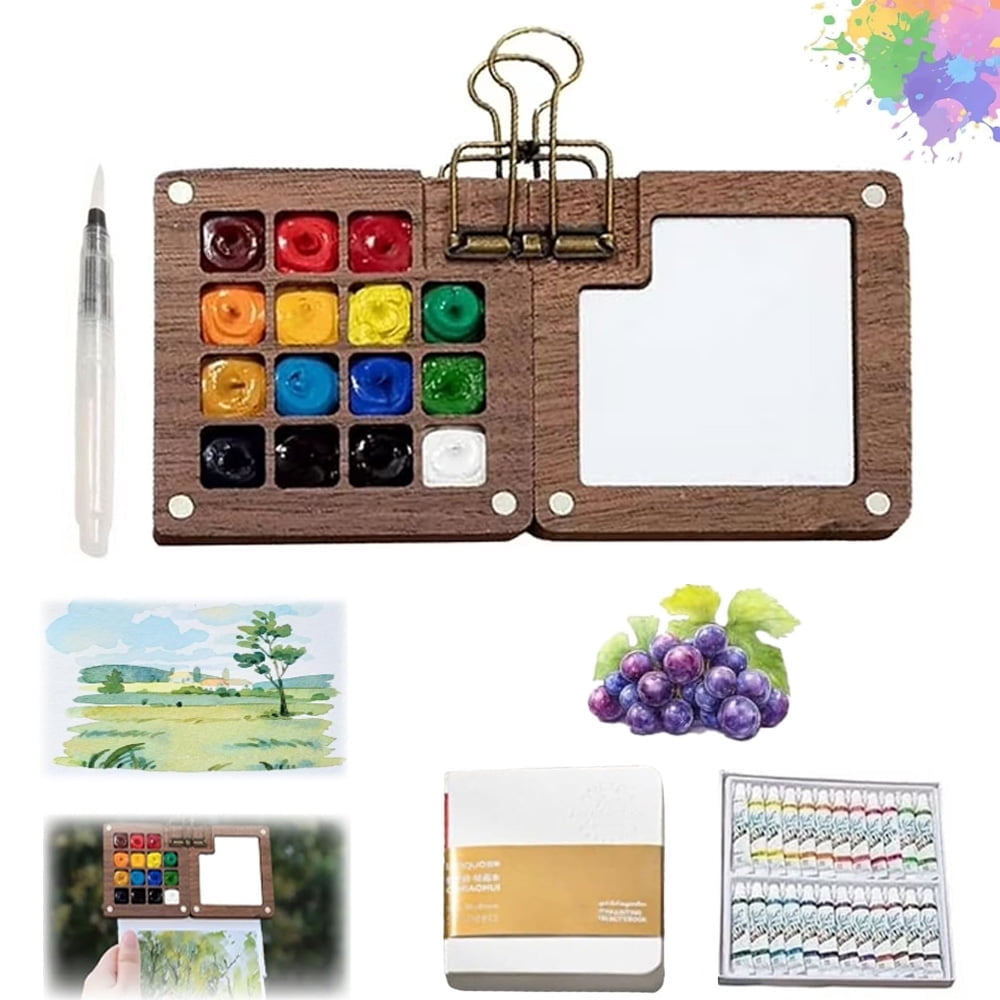 Wiher Mini Watercolor Set, 24-color Portable Paint Set with Wooden Grid Box Picture Book Wate Pen and Metal Clip for Painters Artists Students (15 Grids)