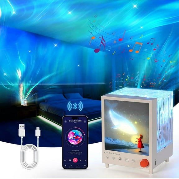 Wiher Northern Lights Projector,Night Light Projector for Bedroom with Bluetooth Speaker,7 Color Lights & White Noise Modes,Stereo Surround & Long battery life,Great Gift for Kids and Adults