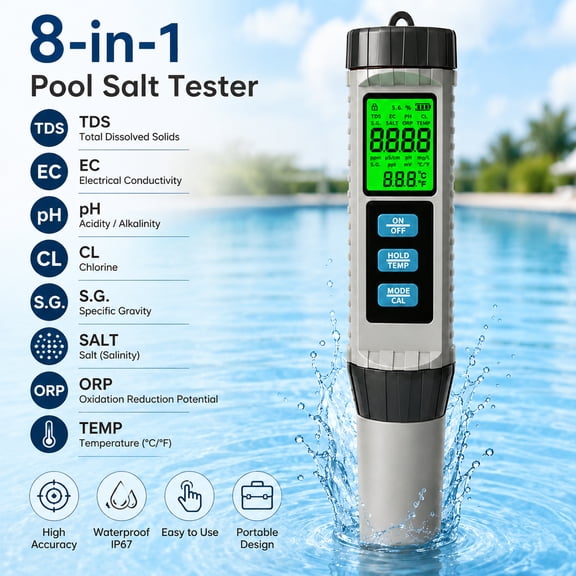 Wiher Pool Salt Tester, 8 in 1 Pool Salt Tester for Water PH / TDS / EC / SALT / TEMP/CL/S.G/ ORP Meter with ATC, for Household Drinking Water Pool Spas Fish Tank