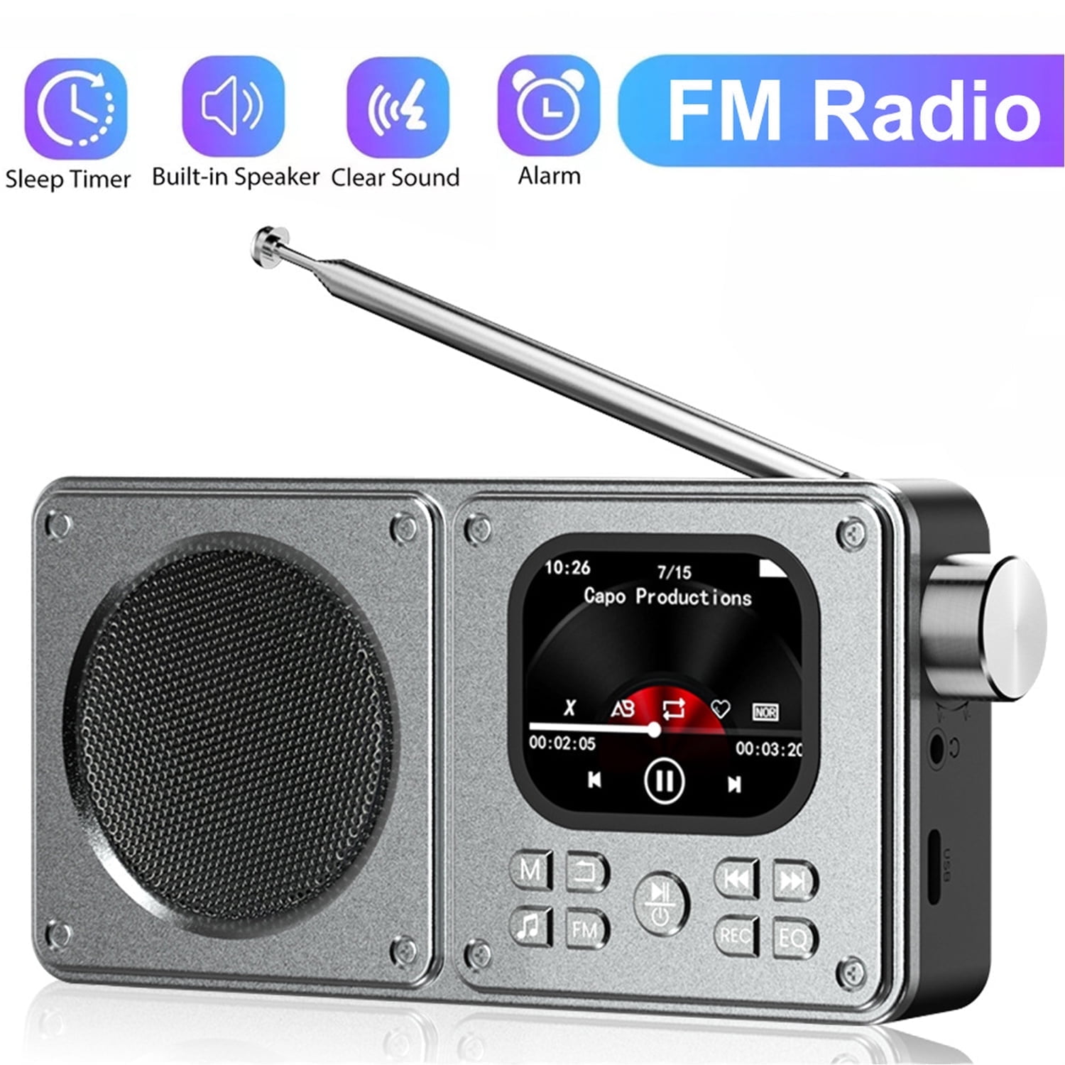 Wiher Portable FM Radio with Bluetooth Speaker, 2.0” Color HD Display, Loud Speakers, Headphone Jack, Support Alarm TF Card MP3/MP4 Player for Home Outdoor Gray