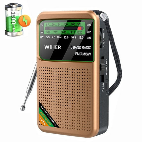 Wiher Portable AM FM SW Radio,Small Transistor Radio with 1000mAh Rechargeable Battery,Walkman Radio with 3W Large Speaker,Pocket Handheld Radio with 3.5mm Earphones Jack,Gift for Elder, Gold