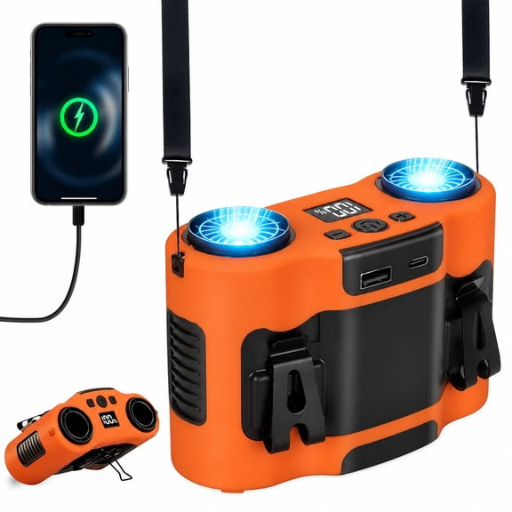 Wiher Portable Waist Fan, 20000mAh Rechargeable Wearable Belt Fans, 16000 RPM Cooling Neck Body Powerful Shirt Personal Cooling Fan for Outdoor Jobsite Camping Travel in Orange