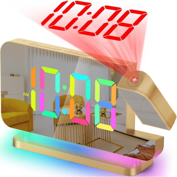 Wiher Projection Alarm Clock,7.4 in LED Mirror Digital Clocks Projection on Ceiling Wall,with RGB Night Light,USB C Charging Port,Auto Dimming,Modern Desk Clock for Bedroom Decor - Gold