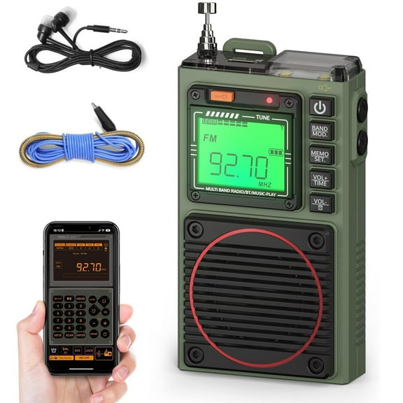 Wiher RF75A Bluetooth Battery SOS Alarm Pocket-Size Portable AM/FM Radio with Earphones, Green