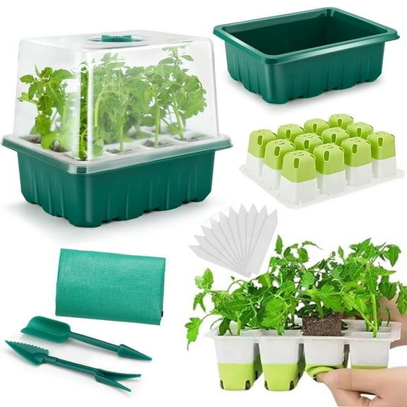 Wiher Reusable Seed Starter Tray, 12 Cells Seed Starter Kit with Humidity Dome & Lids(4in Height), Dishwasher Safe BPA-Free for Greenhouse Grow, Yellow