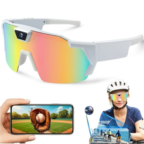 Wiher Smart Camera Glasses, Outdoor Sports Glasses HD Recording Video, Cycling Action Sunglasses, Wearable Audio Take a Picture Wireless Photography Shooting VCR，Suitable for Men and Women(White)