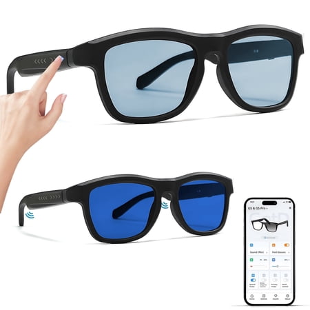 Wiher Smart Glasses with AI Translation, Bluetooth Audio Sunglasses with Manual Photochromic Lenses, Voice Assistant, Real-Time Translation, Supports 144+ Languages, Great for Business, Travel(Blue)
