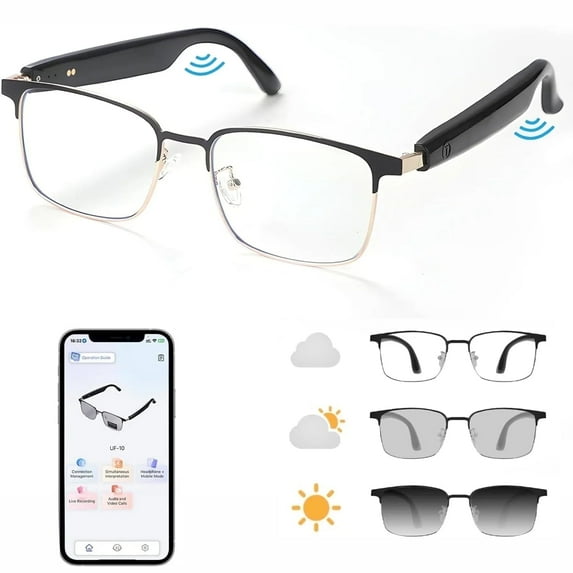 Wiher Smart Glasses with AI Translation, Bluetooth Audio Sunglasses with Photochromic Lenses, Voice Assistant, Real-Time Translation, Supports 144+ Languages, Great for Business, Travel Gold