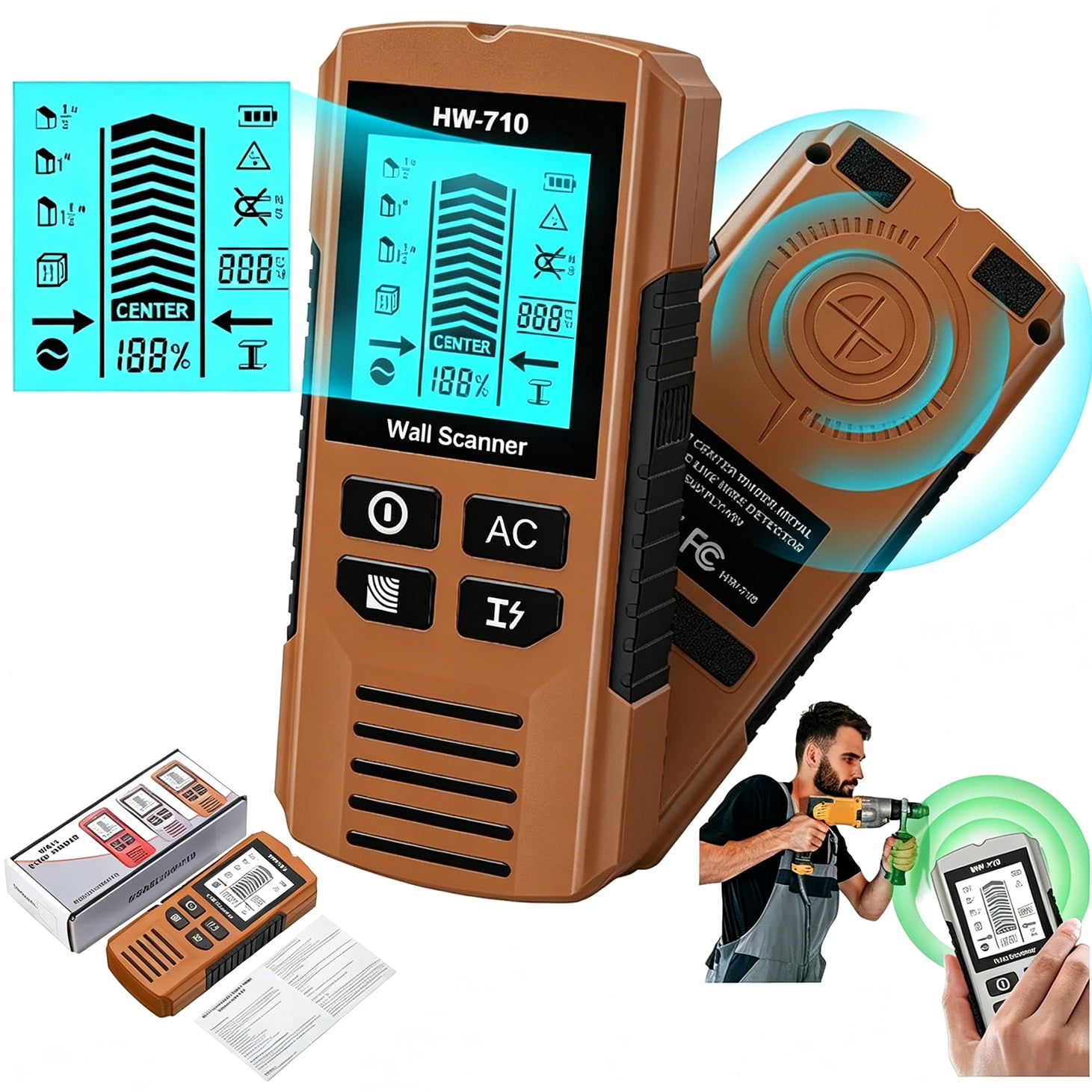 Wiher Stud Finder Wall Scanner, 5 in 1 Electronic Stud Detector with Upgraded Smart Sensor, Audio Alarm and HD LCD Display for the Center and Edge of Wood, AC Wire, Metal and Studs Detection(Orange)