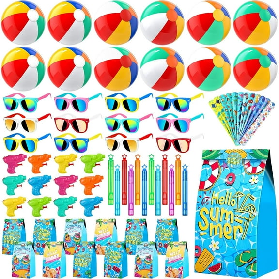 Wiher Summer Toys Party Favors with Beach Balls, Sunglasses, Bubble Wands, Multicolor, 72 Pack