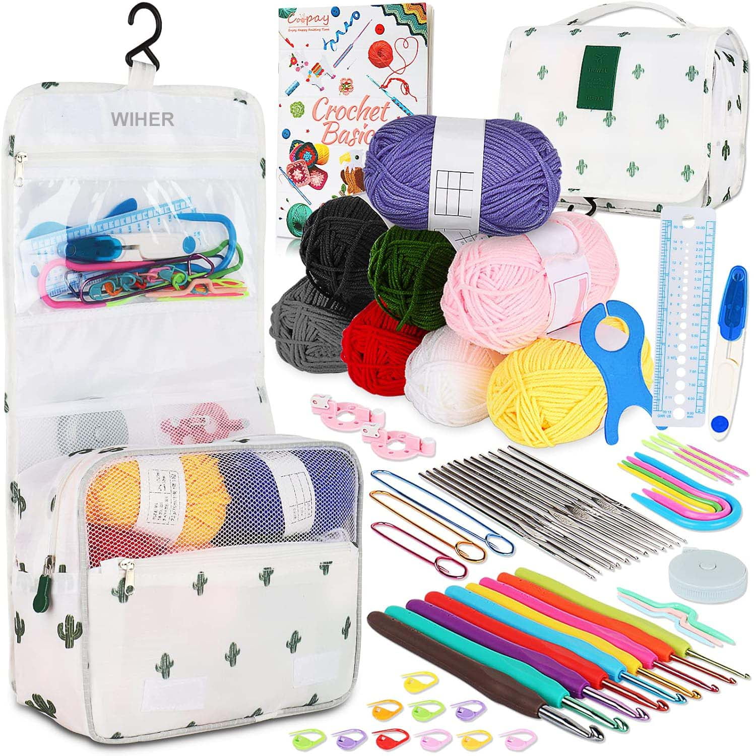 Wiher Upgraded Hanging Crochet Kit Beginners, 63PCS Crochet Hook Set with Crochet Book, Crochet Set with 8 Yarn for Crocheting, Crochet Hooks Ergonomic Soft Grip & Knitting Crochet Supplies, White