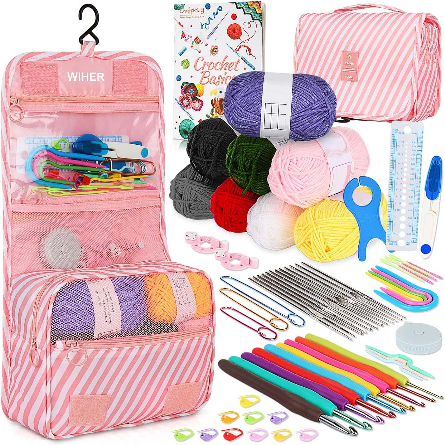 Wiher Upgraded Hanging Crochet Kit Beginners, 63PCS Crochet Hook Set with Crochet Book, Crochet Set with 8 Yarn for Crocheting, Crochet Hooks Ergonomic Soft Grip & Knitting Crochet Supplies, Pink