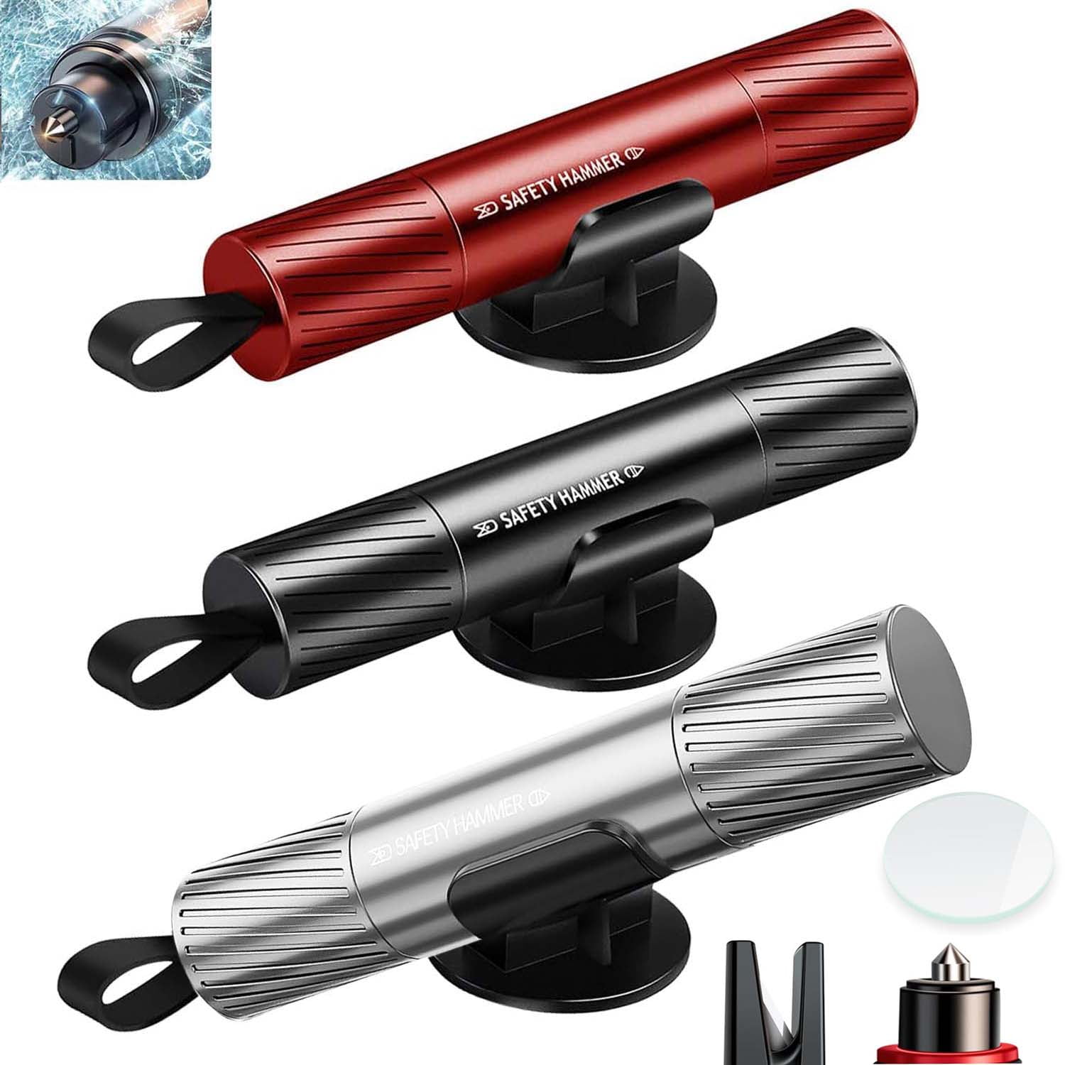 Wiher Upgraded Safe Hammer Glass Breaker Under Water, Car Hammer Seatbelt Cutter Window Breaker Emergency Escape Tool, Safehammer Glass Breaker for New Cars(3Pack)