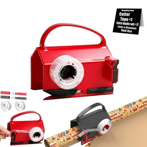 Wiher Wrapping Paper Cutter & Tape Dispenser, Gift Wrap Cutter Tool with 4 Tapes & 2 Replacement Blades, Dual Use Sliding Design for Holiday & Birthday Gift Wrapping Paper Roll, Red