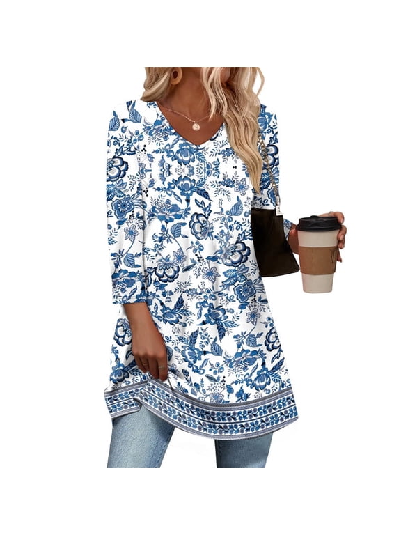 3/4 Length Sleeve Womens Tops Dressy Casual Plus Size Tunics to Wear with Leggings