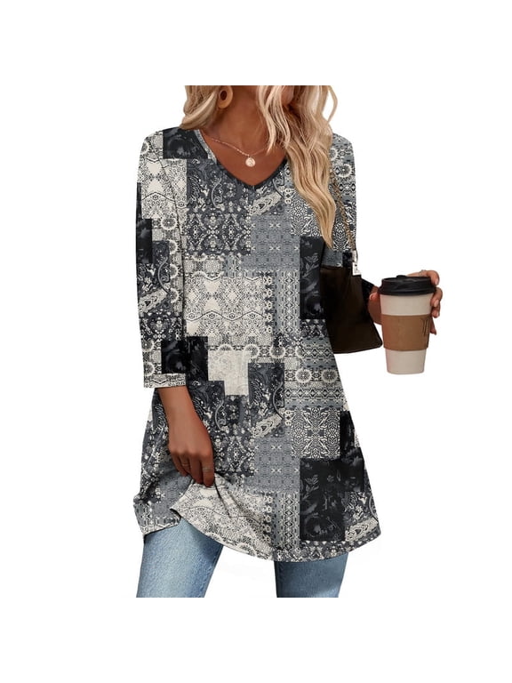 3/4 Length Sleeve Womens Tops Dressy Casual Plus Size Tunics to Wear with Leggings