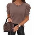thumbnail image 1 of Wiholl Short Puff Sleeve Sweaters for Women Knit Tops 2026 Trendy Crewneck Striped T Shirts Casual Summer Blouses Brown Tshirts for Women, 1 of 8