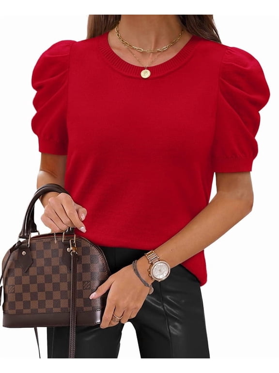 Short Puff Sleeve Sweaters for Women Knit Tops Crewneck Tops Casual Fall Sweaters Red Tops for Women