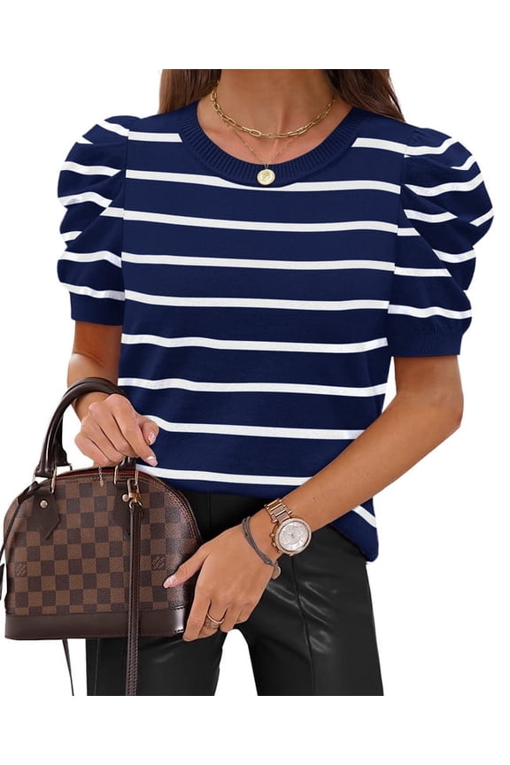 Short Puff Sleeve Sweaters for Women Knit Tops 2026 Trendy Crewneck Striped T Shirts Casual Summer Blouses