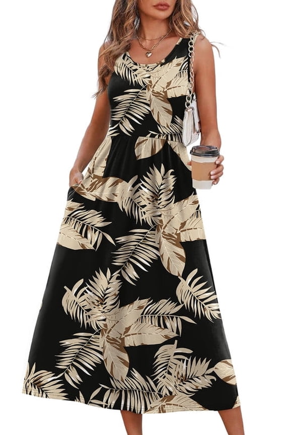 Summer Dresses for Women Flowy Casual Midi Dress Beach Vacation Sundresses with Pockets