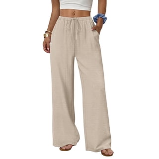 Wiholl Wide Leg Pants for Women Linen Pants Palazzo Drawstring Elastic Waist Trousers with Pockets Fall Beach Vacation Clothes