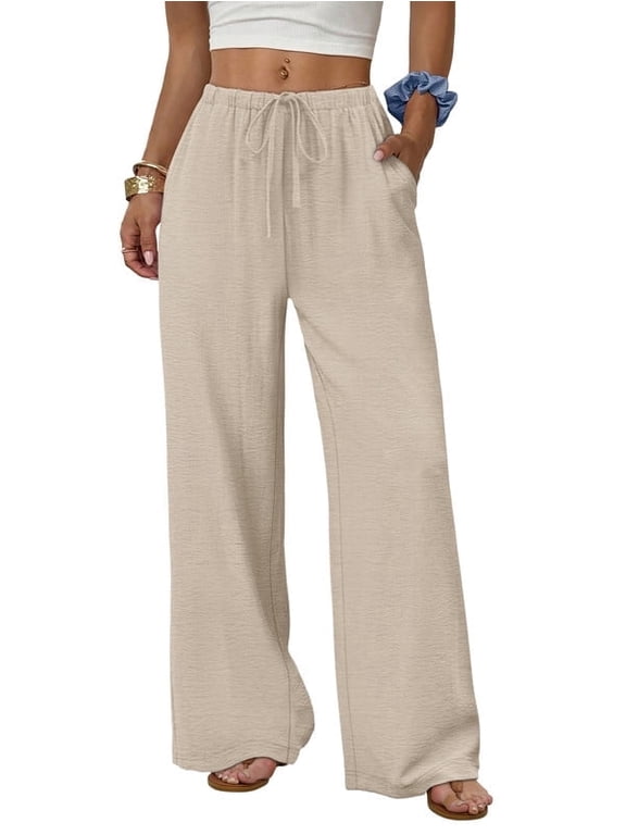 Wide Leg Pants for Women Linen Pants Palazzo Drawstring Elastic Waist Trousers with Pockets Fall Beach Vacation Clothes