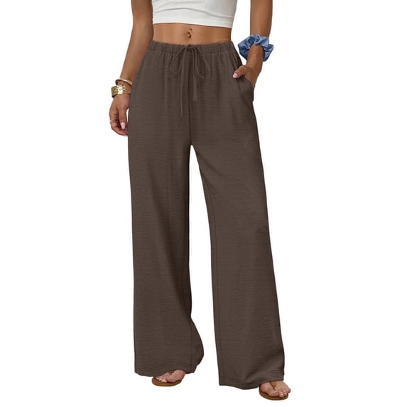 Wiholl Wide Leg Pants for Women Linen Pants Palazzo Drawstring Elastic Waist Trousers with Pockets Fall Beach Vacation Clothes