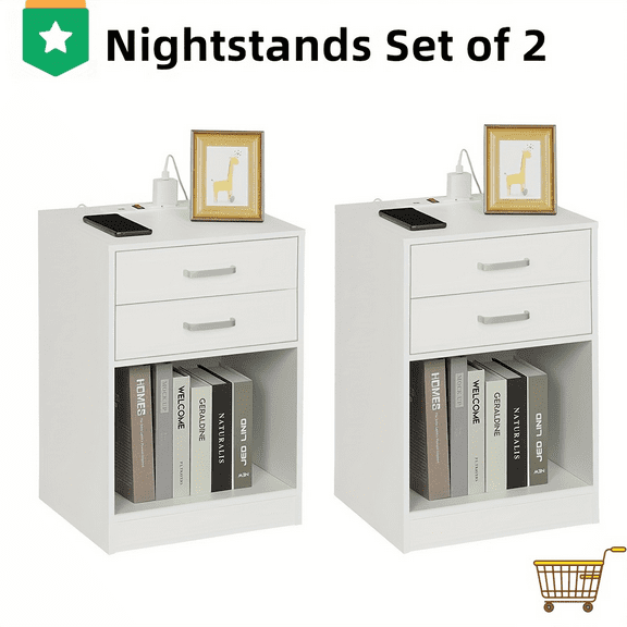 Wihte Nightstands Set of 2,Night Stand with Charging Station & Drawers,End Side Table for Bedrooms Living Room