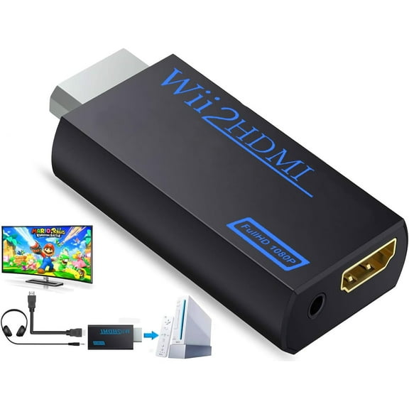 Wii Hdmi Converter Adapter, Wii 2 to Hdmi 1080P Connector Output Video 3.5mm Audio - Supports All Wii Display Modes, Black