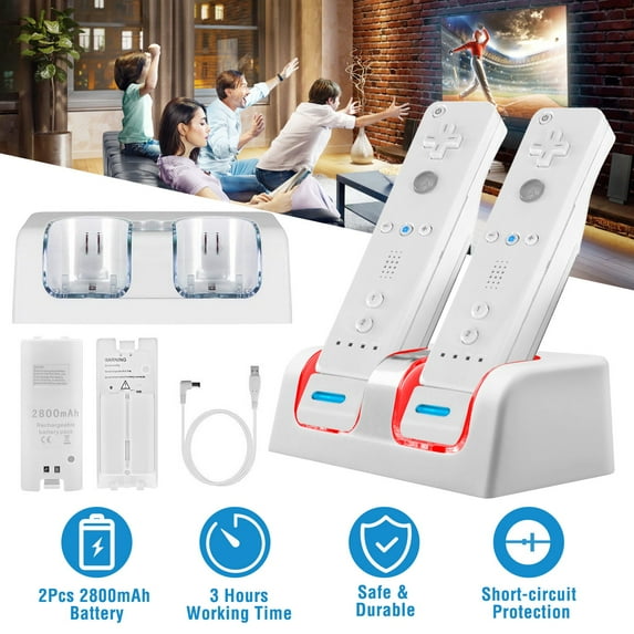 Imountek Dual Wii Remote Charger Dock with 2Pcs 2800mAh Rechargeable Batteries, Fast Charging Station for Wii Nintendo, White