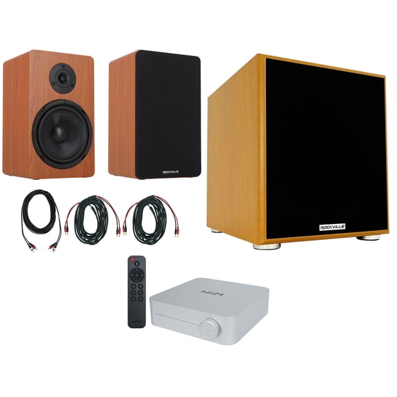 WiiM Amp Bundle: Wi-Fi Streaming Amp Receiver Silver, Rockville RockShelf 68C 6.5" Speaker Pair, Rock Shaker 10" Powered Sub, 2 BN20 Banana & RCA Cables, 6-items