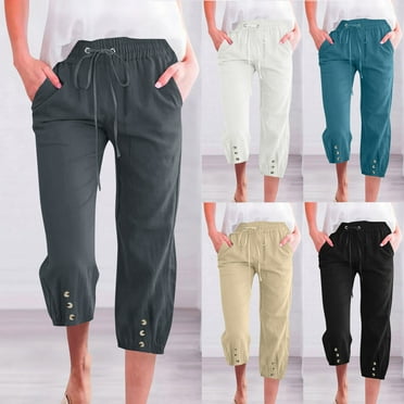 Wiicoznt Capri Pants for Women Summer Casual Loose Wide Leg Solid Color Linen Crop Trouser with Pockets Breathable Holiday Beach Pants