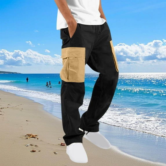 Axiiglly Cargo Pants for Men 2026 Casual Elastic Waist Drawstring Workout Joggers Solid Color Loose Outdoor Hiking Cargo Trousers Sweatpants with Multi Pockets