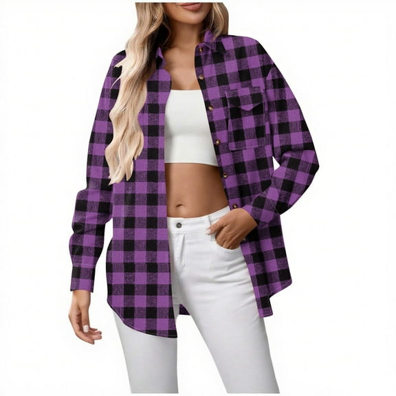 Wiicoznt Long Sleeve Shirts for Women Plaid Print Lapel Neck Button Down Blouse Fall Outfits Loose Fit Casual Shirts with Pockets